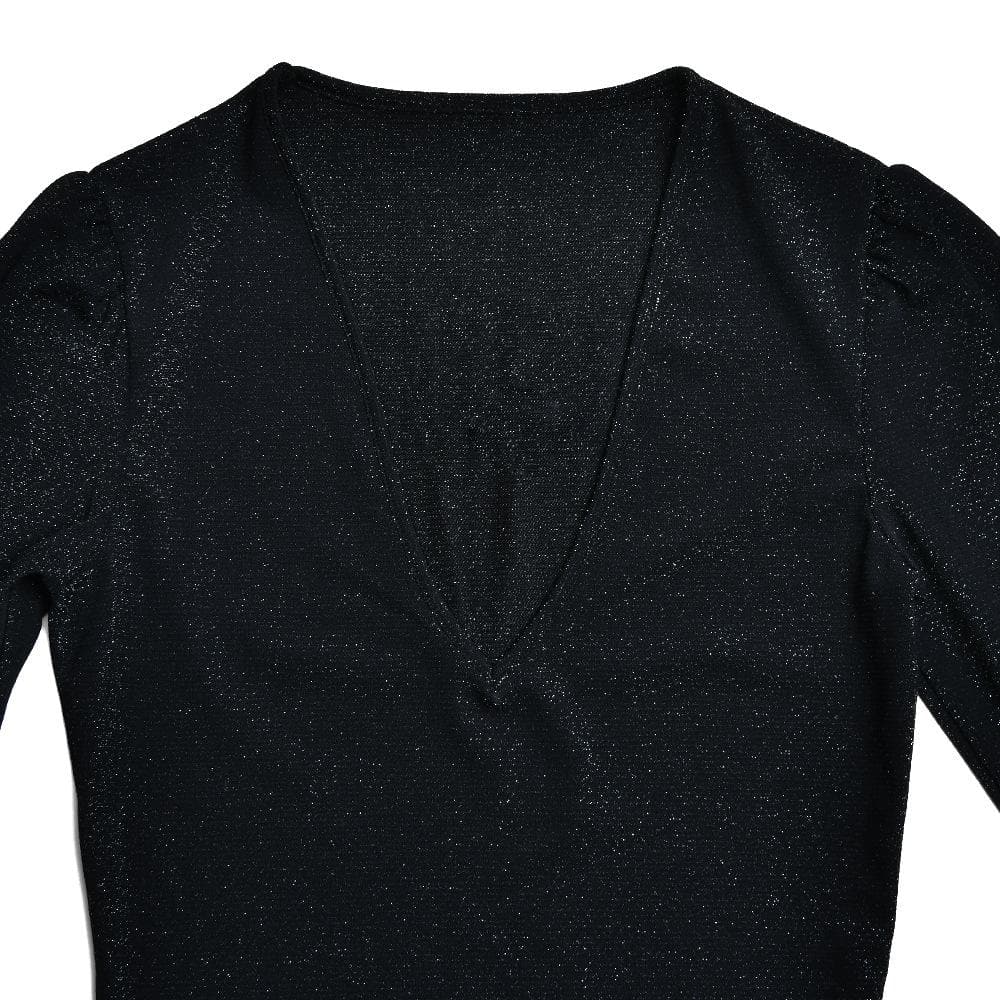 Glitter Deep V Bell Sleeve Tiered Ruffle Hem Mini Dress 6
