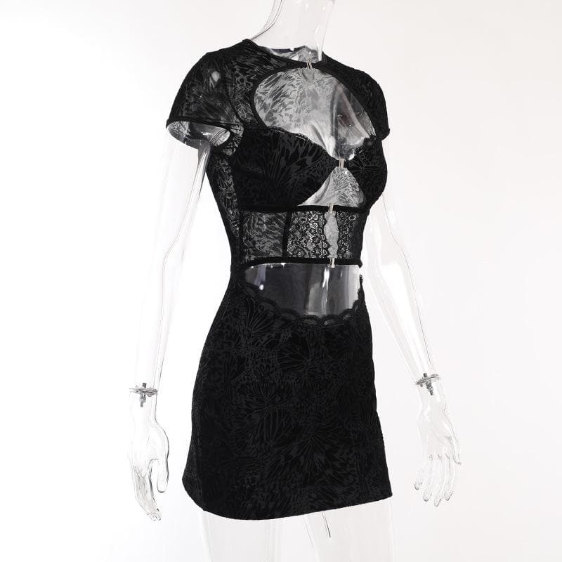 Flocked Butterfly Lace Cutout Buckle Bodycon Mini Dress 3