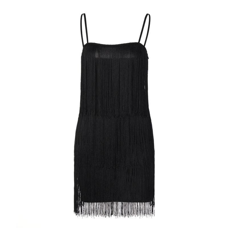 Square Neck Spaghetti Strap Tiered Fringe Flapper Mini Dress