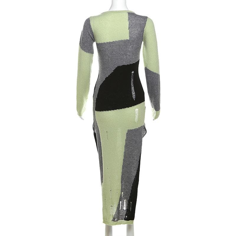 Hollow Out Crochet Long Sleeve Contrast Slit Midi Dress 3