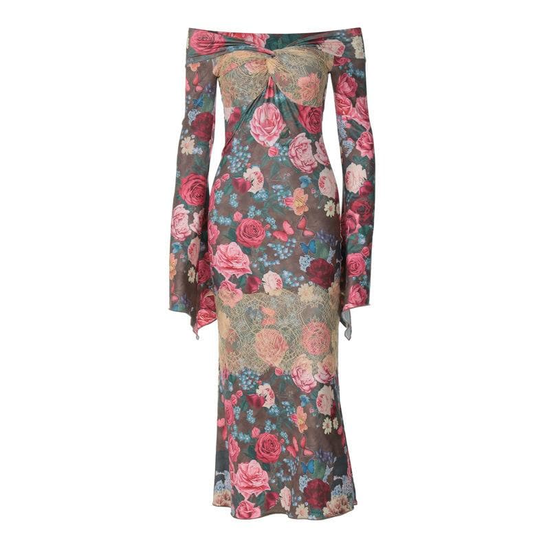 Off Shoulder Twist Front Floral Lace Panel Long Sleeve Bell Cuff Maxi Dress