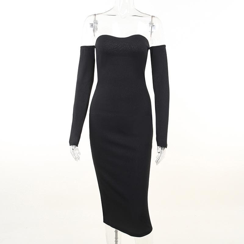 Ribbed Knit Off Shoulder Tube Thumbhole Sleeve Bodycon Maxi Dress 3