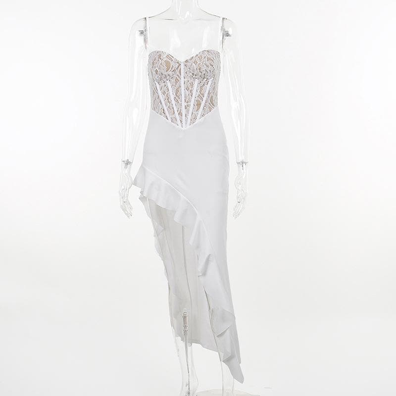 Lace Corset Sweetheart Neck Ruched Ruffle Slit Maxi Dress 8