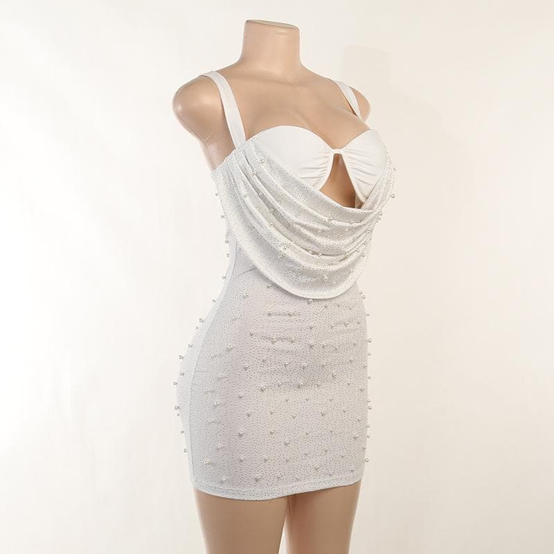 Cowl Overlay Sweetheart Cutout Rhinestone Pearl Beaded Sleeveless Mini Dress 4