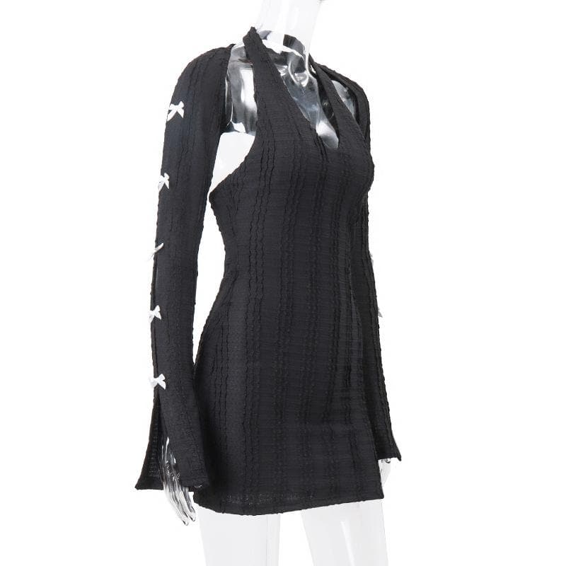 Deep V-Neck Halter Bow Sleeve Cutout Rib Knit Bodycon Mini Dress 3