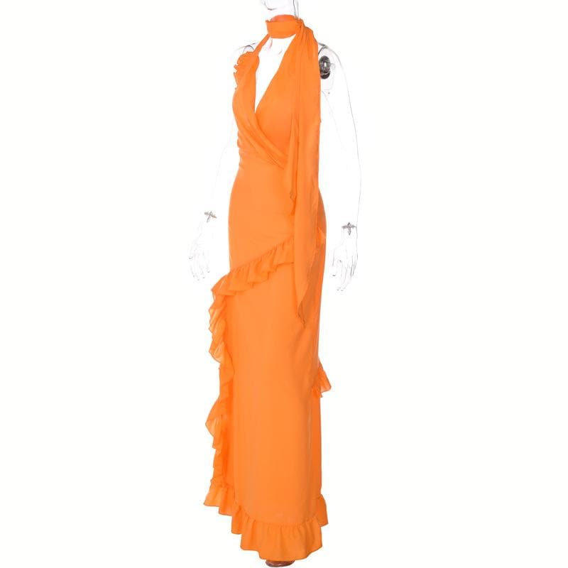 Halter Scarf Neck Surplice Ruffle Trim Maxi Gown 5