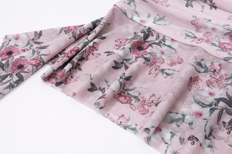 Halter Floral Print Lace Trim Midriff Cutout Ruffle Hem Mini Dress and Lace Arm Sleeves Set 6