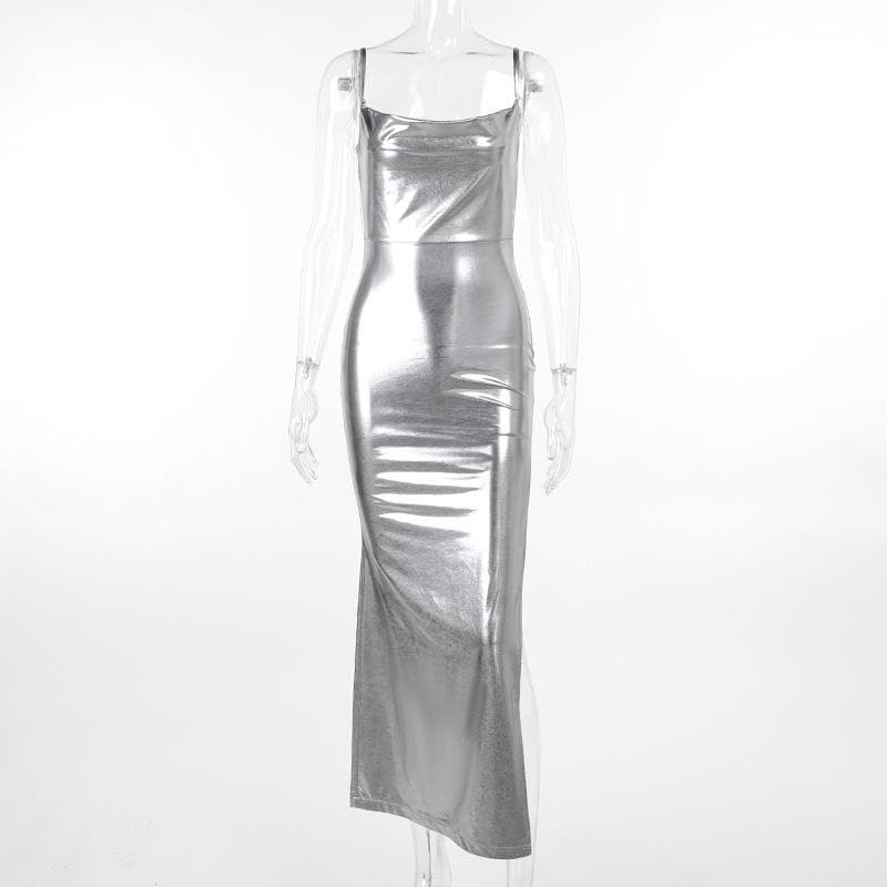 Metallic Cowl Neck Spaghetti Strap Open Back Slit Bodycon Maxi Dress 2