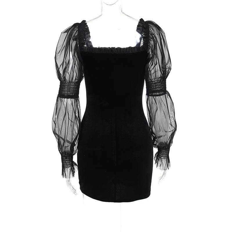 Off Shoulder Mesh Puff Sleeve Tie Front Ruffle Trim Velvet Bodycon Mini Dress 4