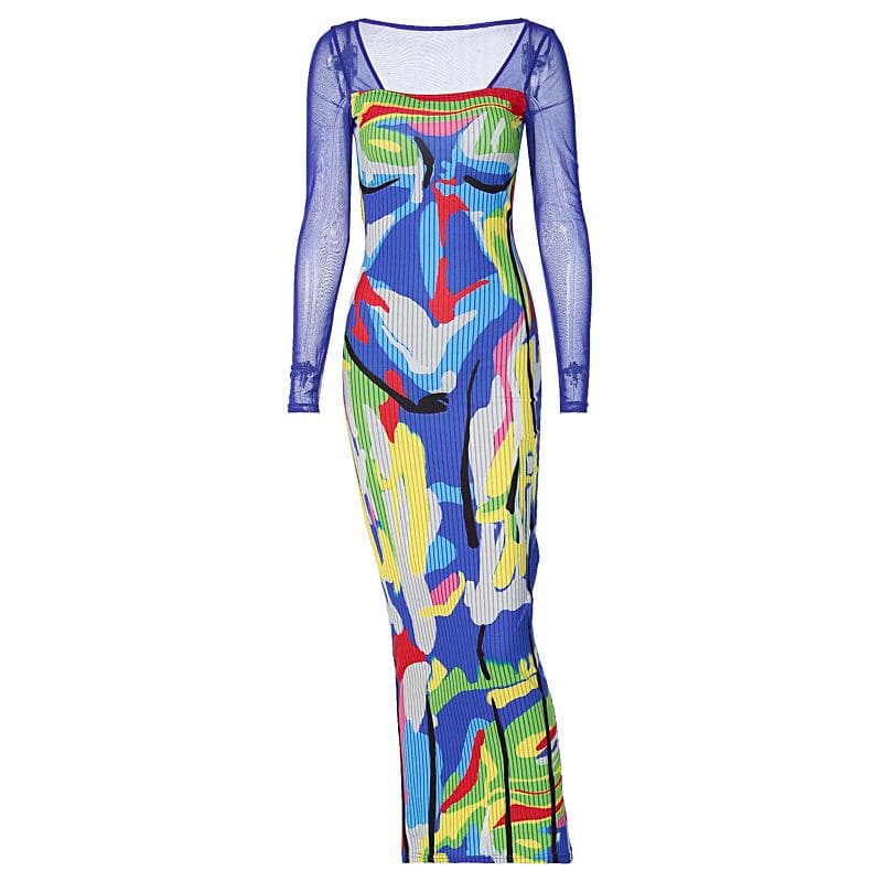 Square Neck Long Sleeve Abstract Face Print Mesh Sleeve Bodycon Maxi Dress 9