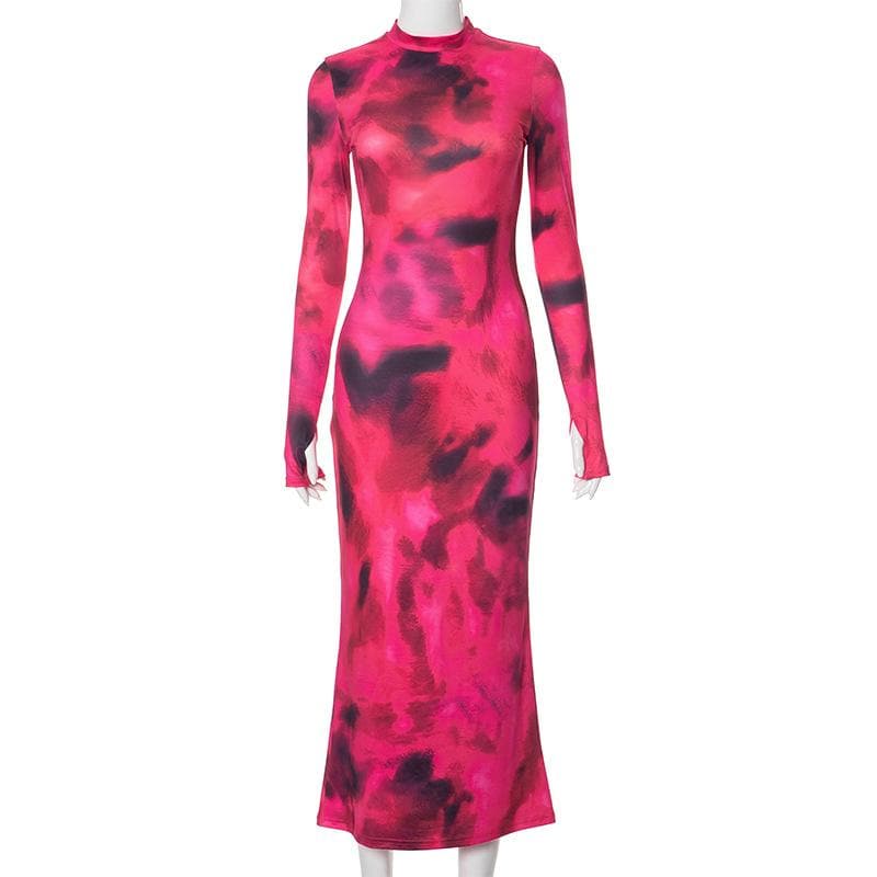 Tie Dye Print Mock Neck Thumbhole Long Sleeve Bodycon Maxi Dress 2