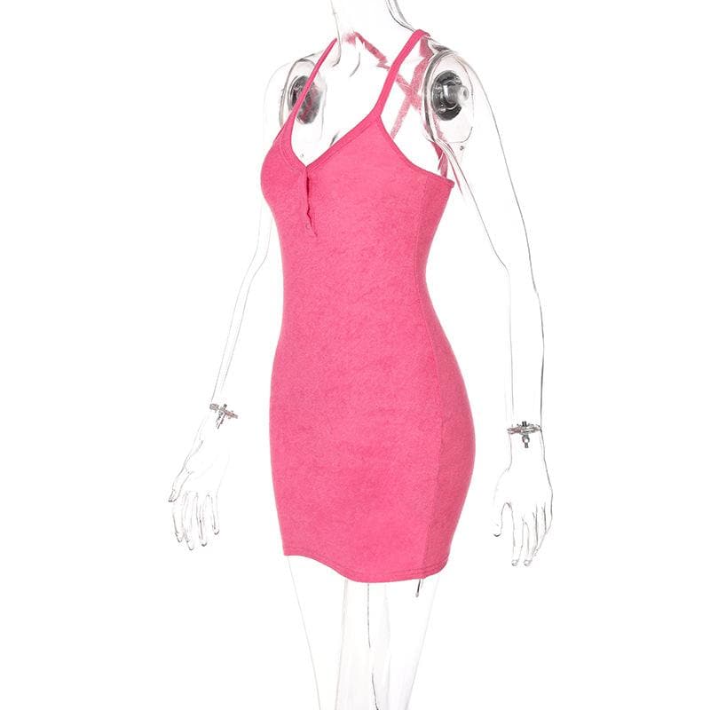Deep V Cross Back Button Front Textured Mini Dress 3