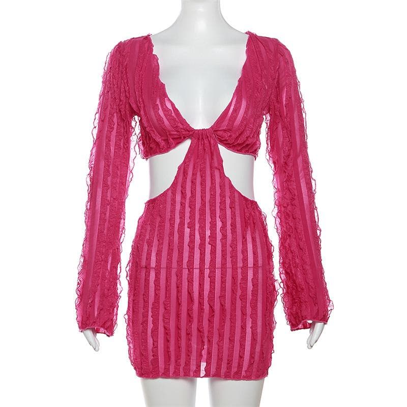 V Neck Ruffle Bell Sleeve Waist Cutout Mini Dress 3