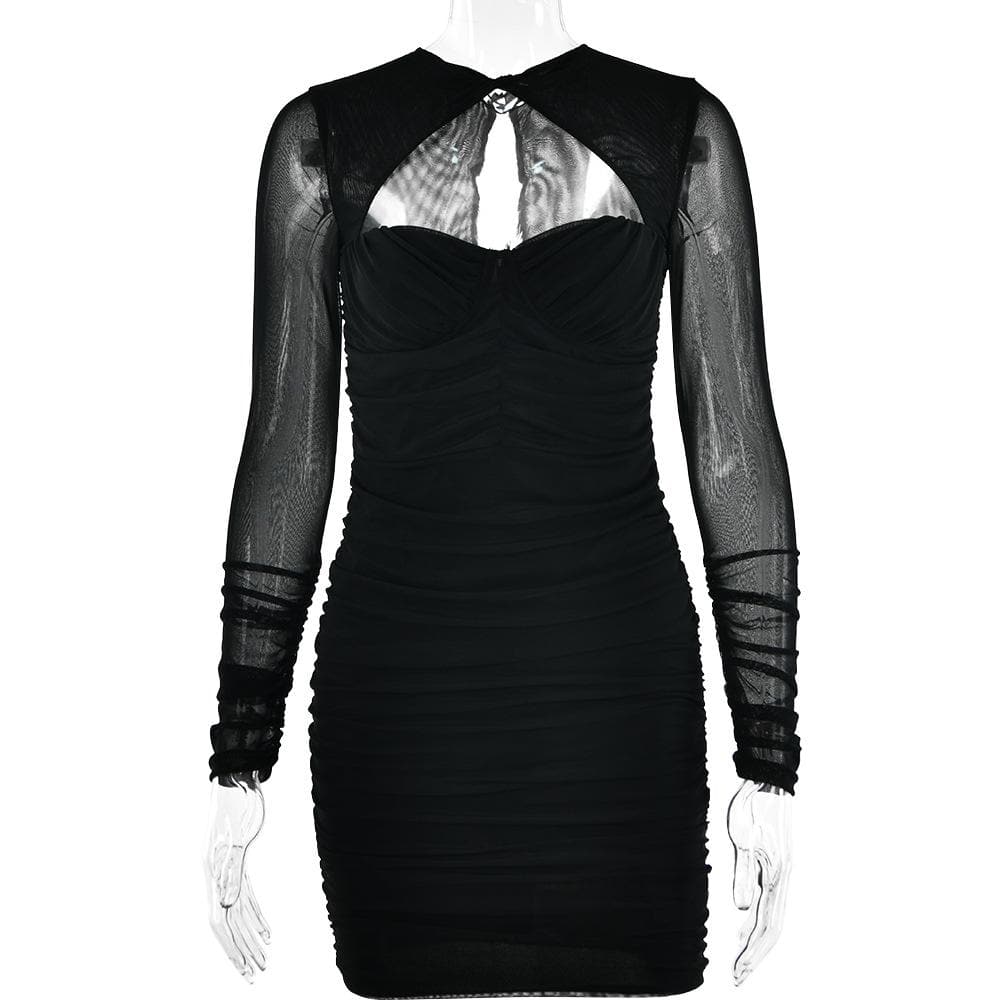 Twist Neck Mesh Sleeve Chest Cutout Ruched Bodycon Mini Dress 4