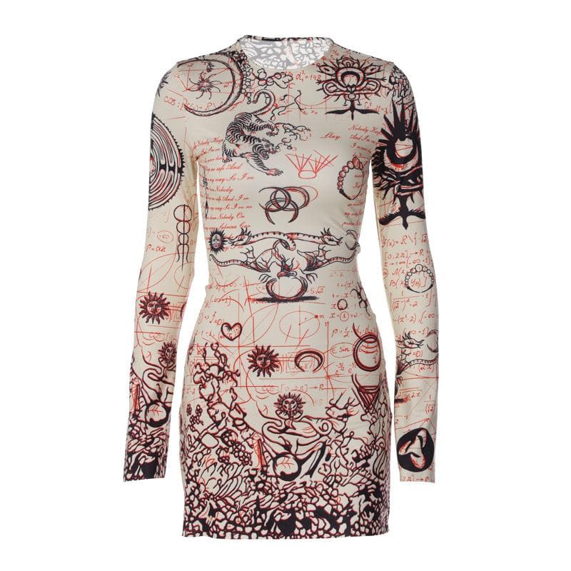 Crew Neck Bell Cuff Mystical Tapestry Print Bodycon Mini Dress 2