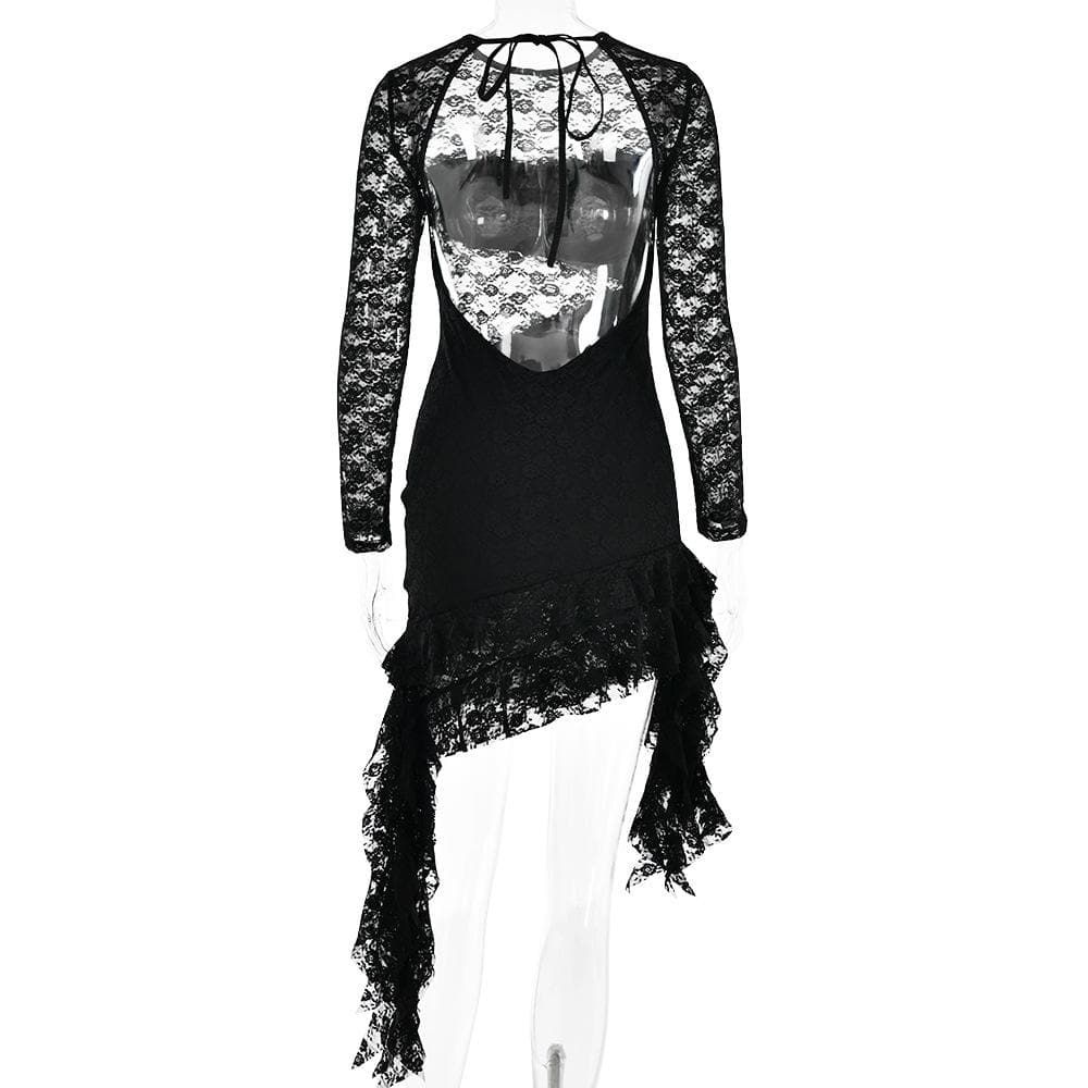 Lace Sweetheart Cutout Long Sleeve Asymmetric Ruffle Hem Mini Dress 5