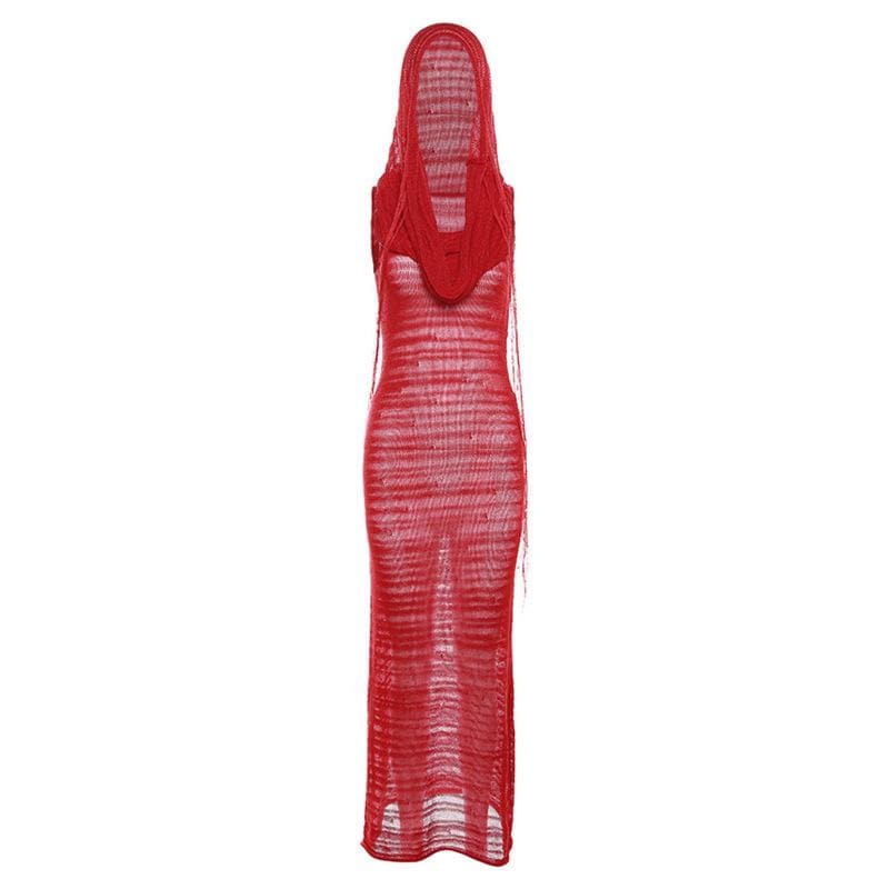 Hooded Sheer Mesh Ribbed Knit Scarf Neck Sleeveless Maxi Dress 2