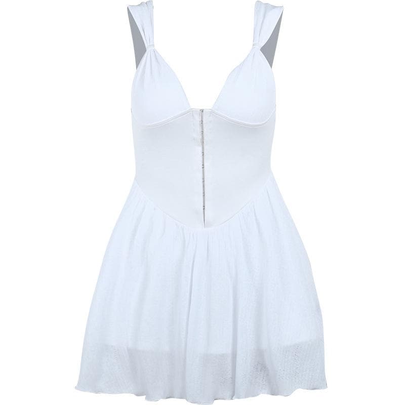 Button Patchwork Chiffon Ruffle Low Cut Mini Dress 10