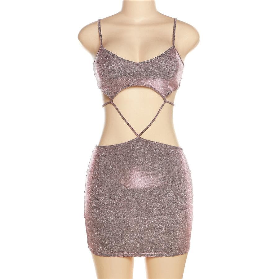 Glitter Criss Cross Strap Waist Cutout Bodycon Mini Dress 8