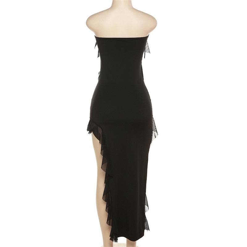 Strapless Tube Diagonal Ruffle Tier High Low Slit Maxi Dress 10