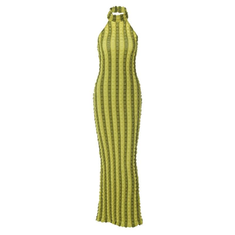 Waffle Texture Vertical Stripe Halter Neck Backless Maxi Dress