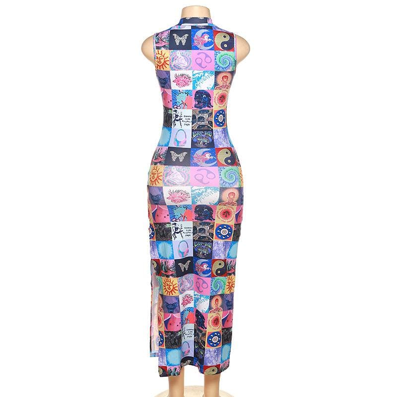 Sleeveless Mock Neck Patchwork Graphic Print Bodycon Maxi Dress 3