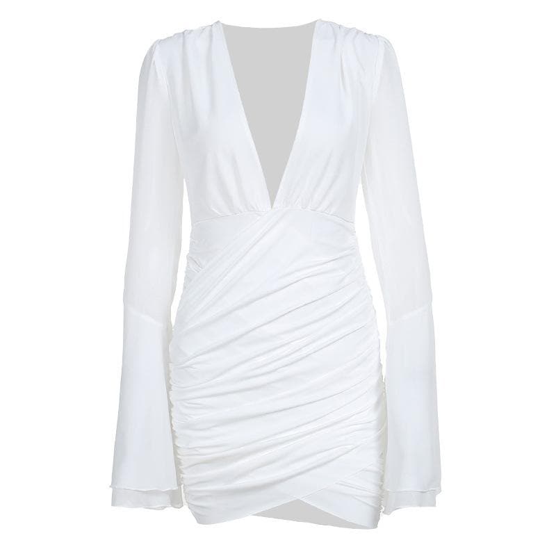 Deep V Flared Sleeve Ruched Wrap Hem Bodycon Mini Dress