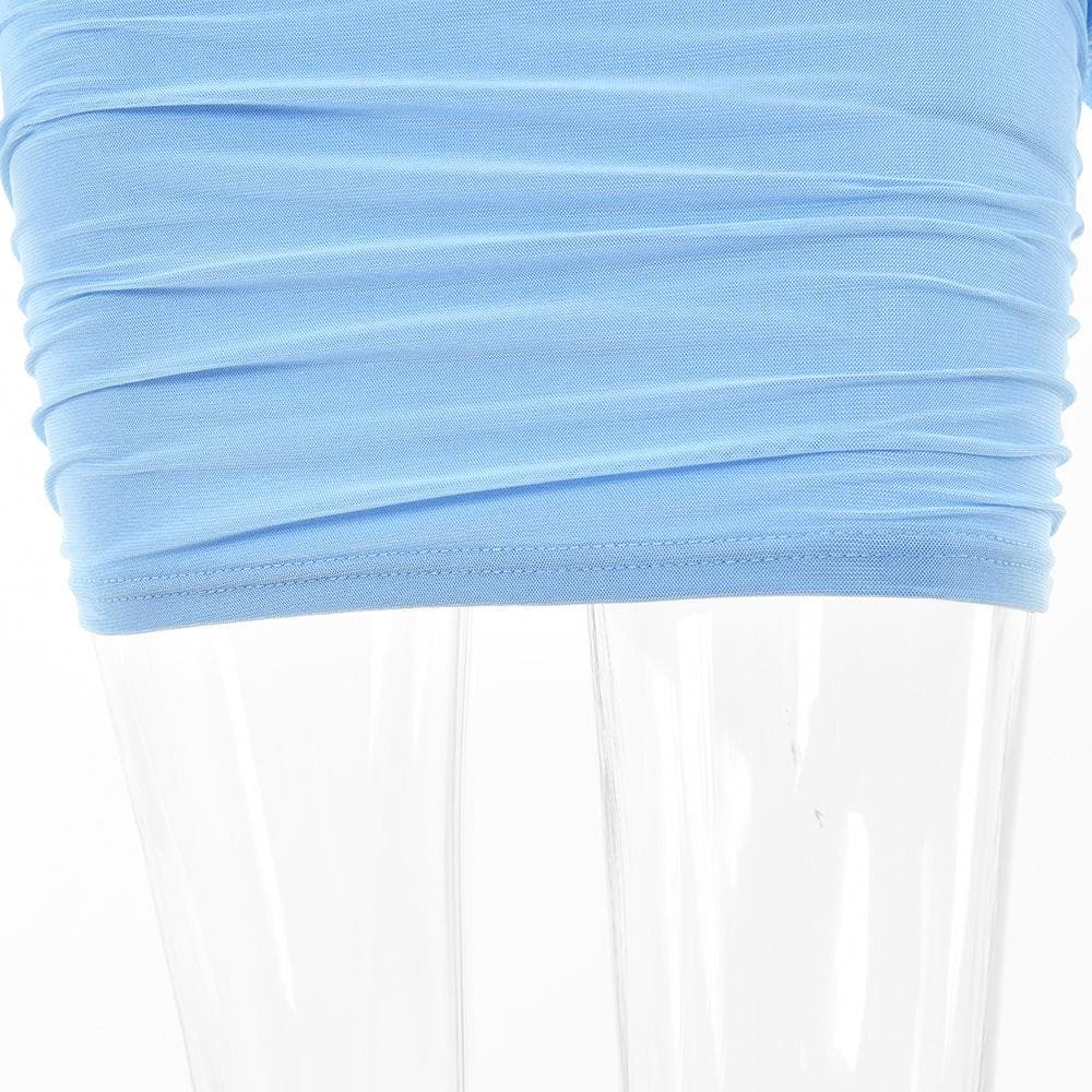 Strapless V-Notch Off Shoulder Puff Sleeve Ruched Mesh Mini Dress 20