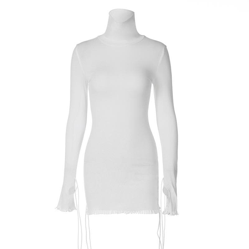 Mock Neck Long Sleeve Drawstring Cuff Tassel Trim Bodycon Mini Dress