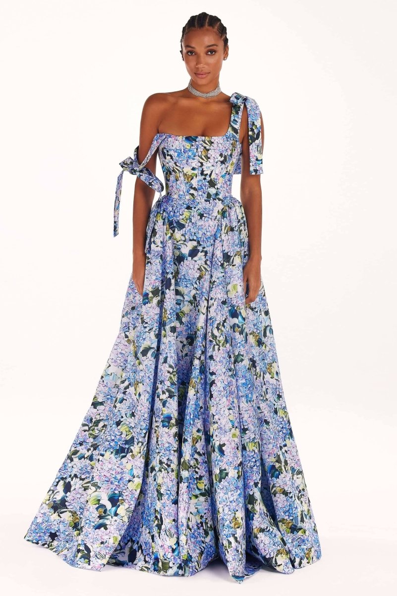 Straight Neck Corset Bodice Off Shoulder Tie Strap Pleated Maxi Gown