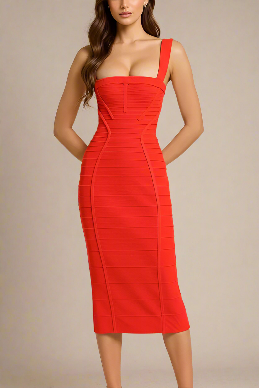 Lipstick Red Square Neck Wide Strap Curved Panel Bandage Midi Dress