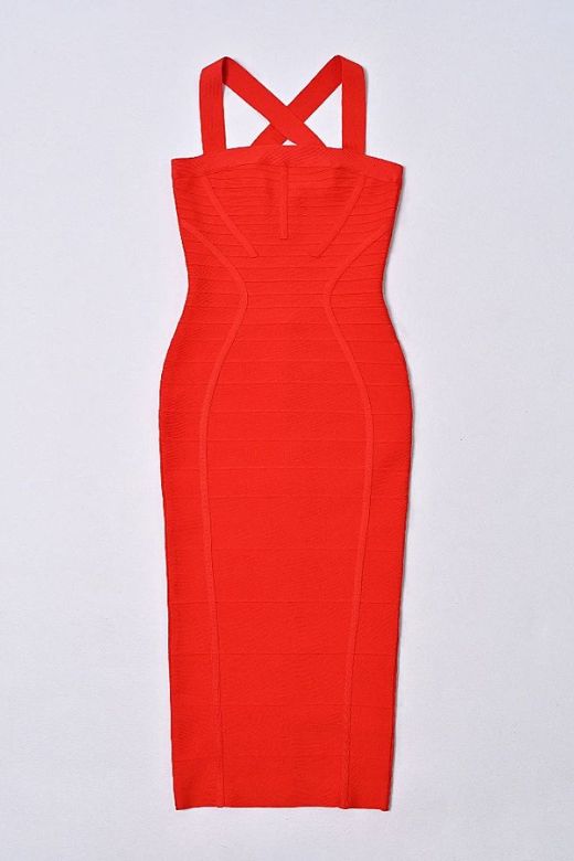 Lipstick Red Square Neck Wide Strap Curved Panel Bandage Midi Dress 6