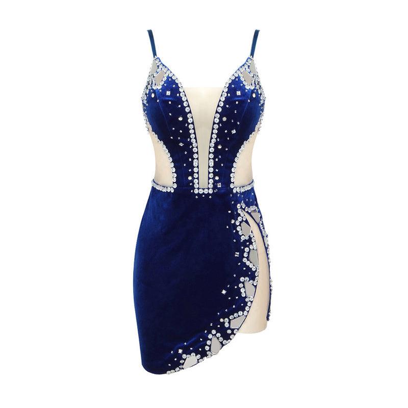 Plunging V Neck Side Cutout Mirror Rhinestone Embellished Velvet Mini Dress 3