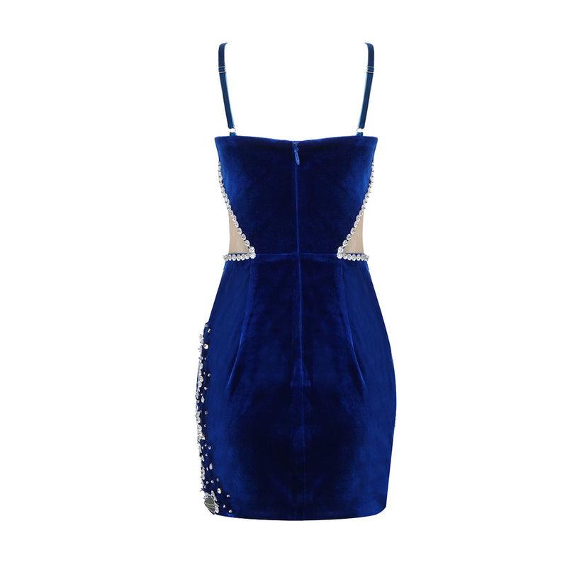 Plunging V Neck Side Cutout Mirror Rhinestone Embellished Velvet Mini Dress 4