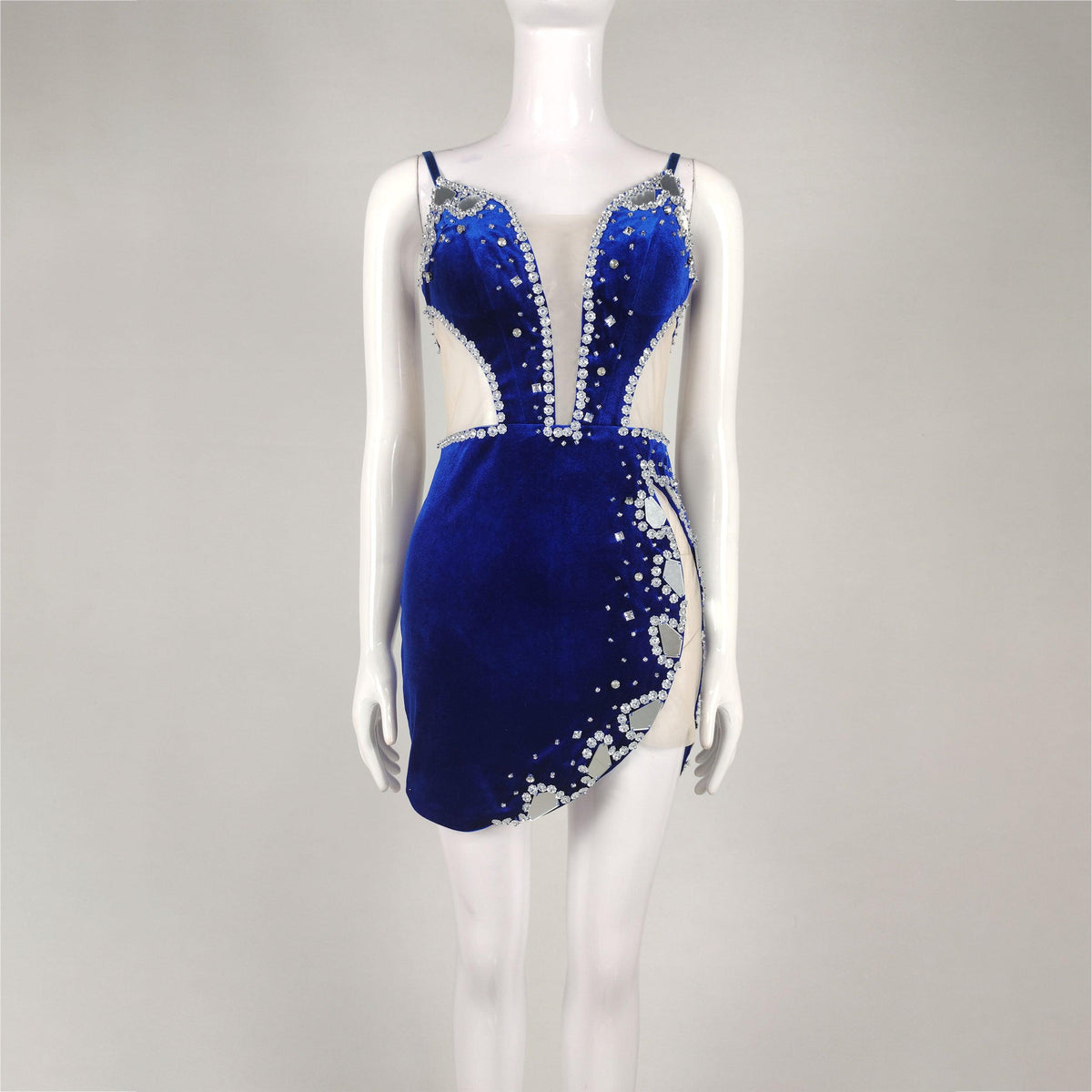 Plunging V Neck Side Cutout Mirror Rhinestone Embellished Velvet Mini Dress 5