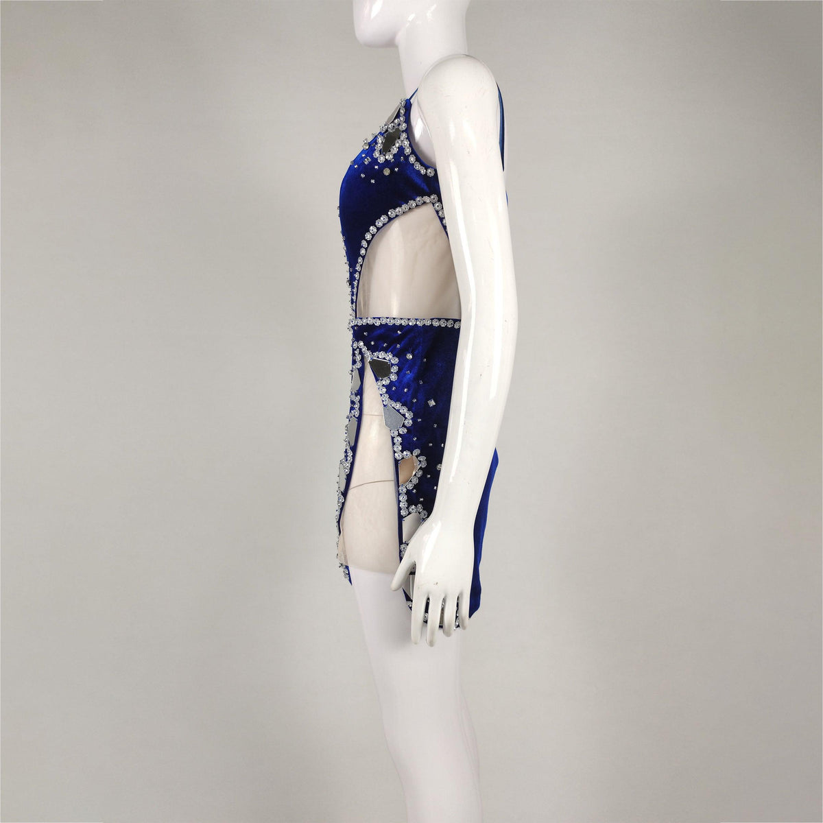 Plunging V Neck Side Cutout Mirror Rhinestone Embellished Velvet Mini Dress 6