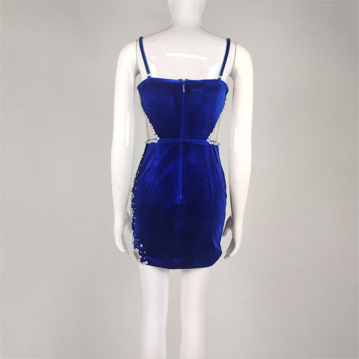 Plunging V Neck Side Cutout Mirror Rhinestone Embellished Velvet Mini Dress 7