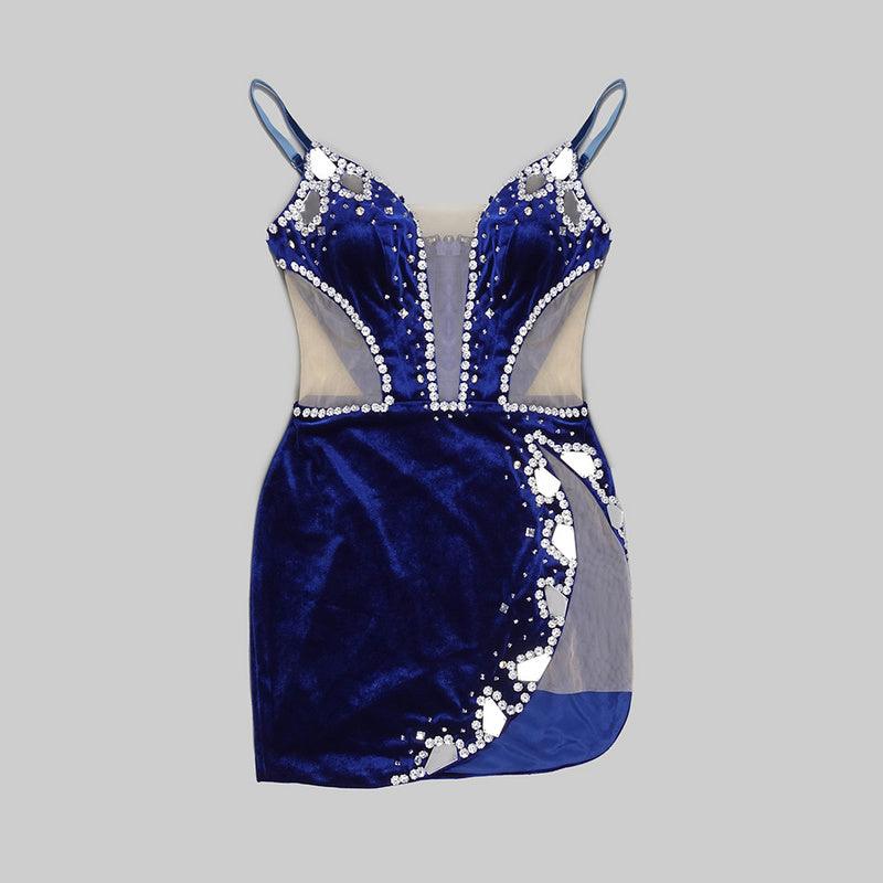 Plunging V Neck Side Cutout Mirror Rhinestone Embellished Velvet Mini Dress 8
