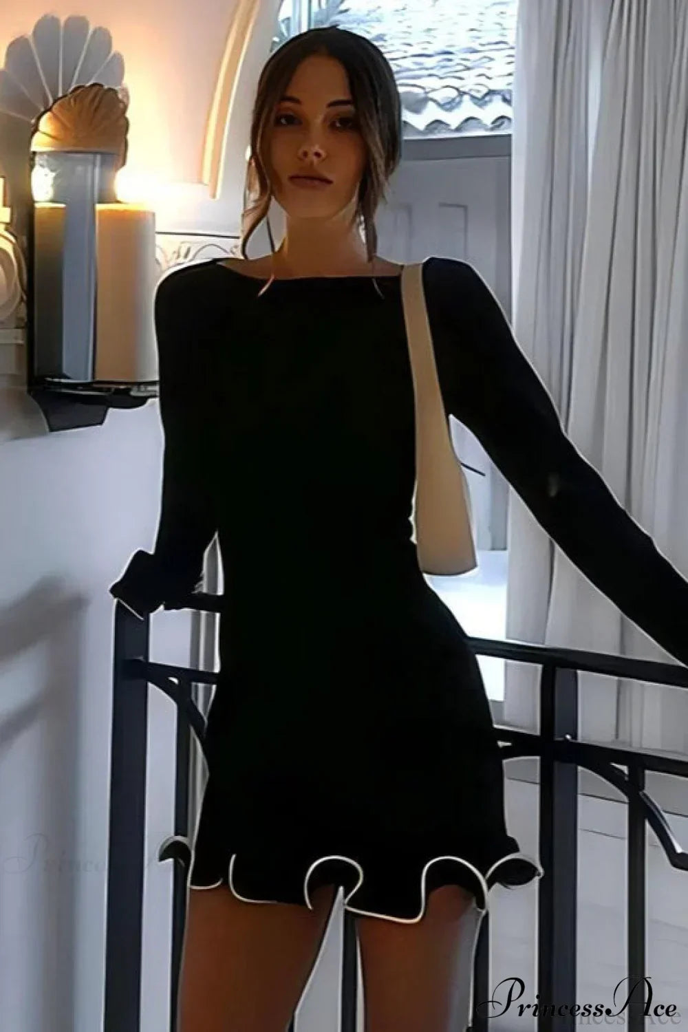 Boat Neck Long Sleeve Ruffle Cuff Contrast Trim Rib Knit Mini Dress 5