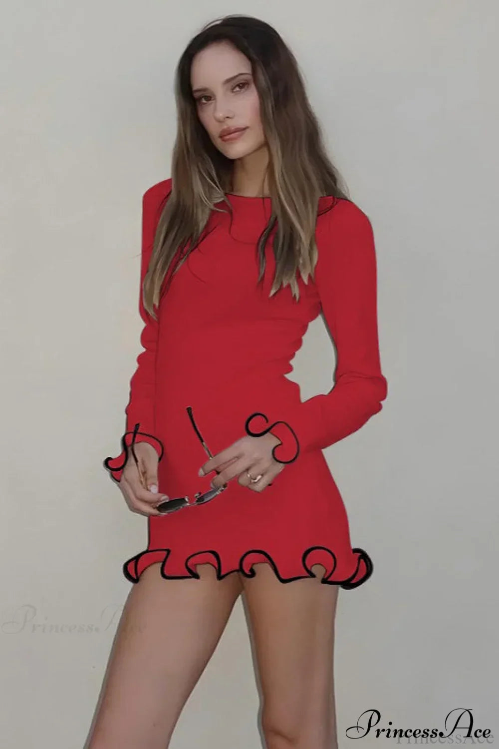 Boat Neck Long Sleeve Ruffle Cuff Contrast Trim Rib Knit Mini Dress 7