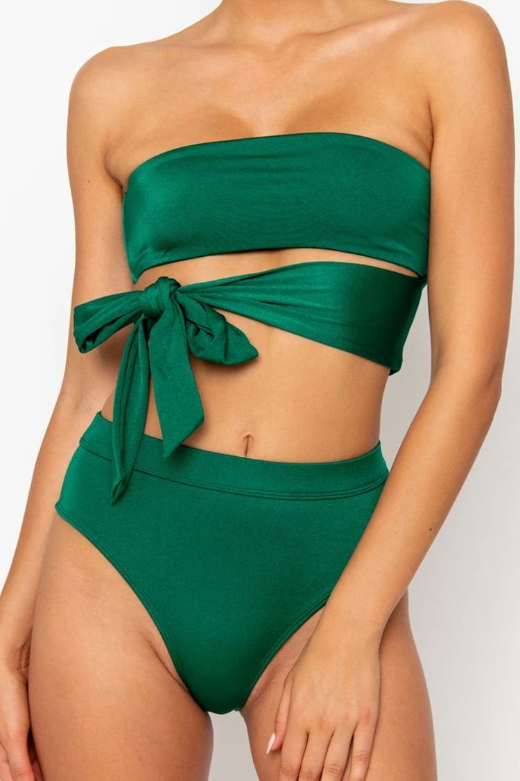 Knotted Side Bandeau Thong Bikini Swimsuit - Two Piece Set