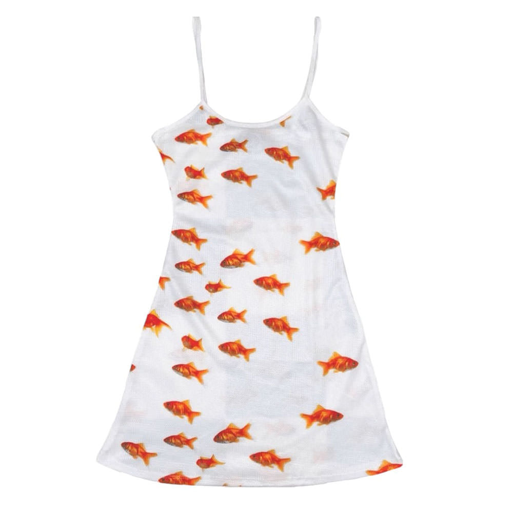 Scoop Neck Spaghetti Strap Goldfish Print Mesh Slip Mini Dress