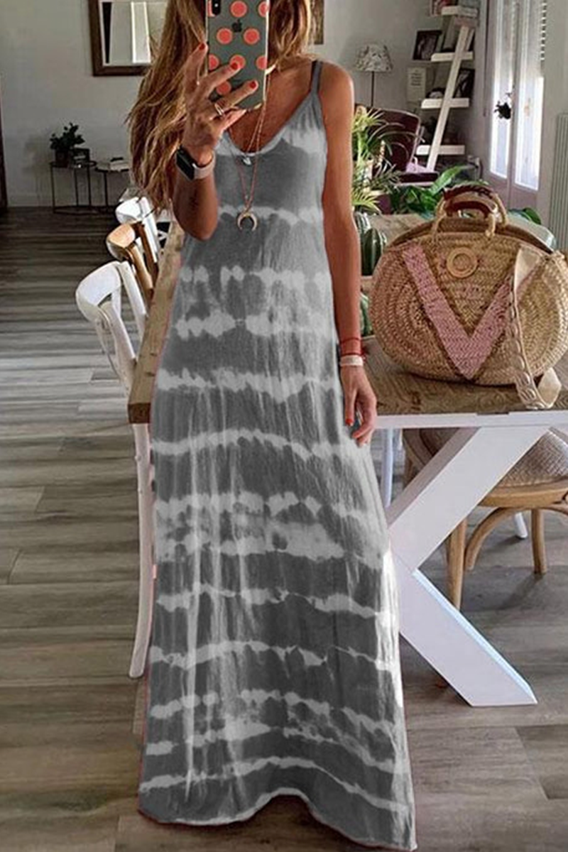 Tie-Dye Print Spaghetti Strap Deep V-Neck Boho Maxi Dress 2