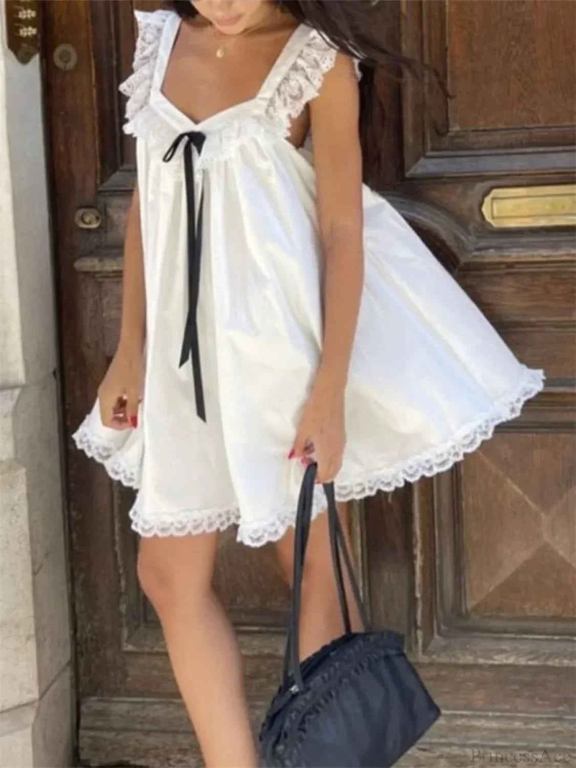Lace Trim Ribbon Bow Ruffle Strap Babydoll Mini Dress
