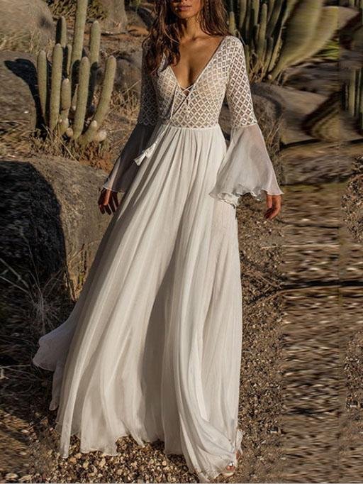 Crochet Lace-Up Deep V-Neck Bell Sleeve Flowy Maxi Dress