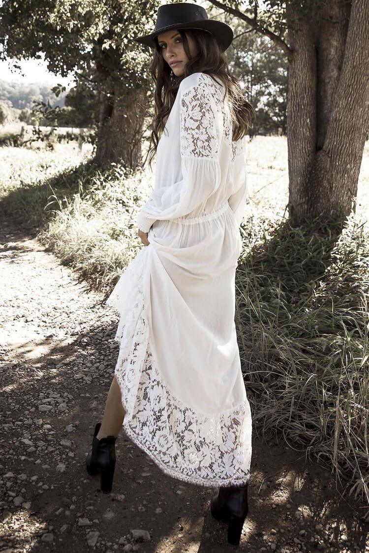 Lace Panel 3/4 Sleeve Button Down Maxi Cover Up