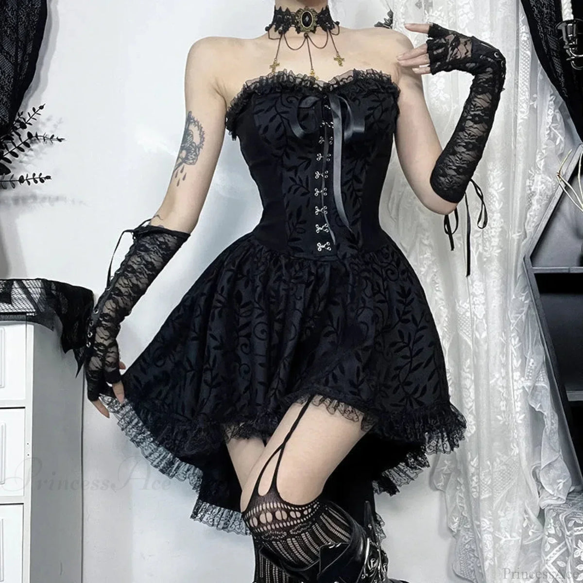 Damask Jacquard Lace Up Corset Strapless High-Low Lace Trim Mini Dress