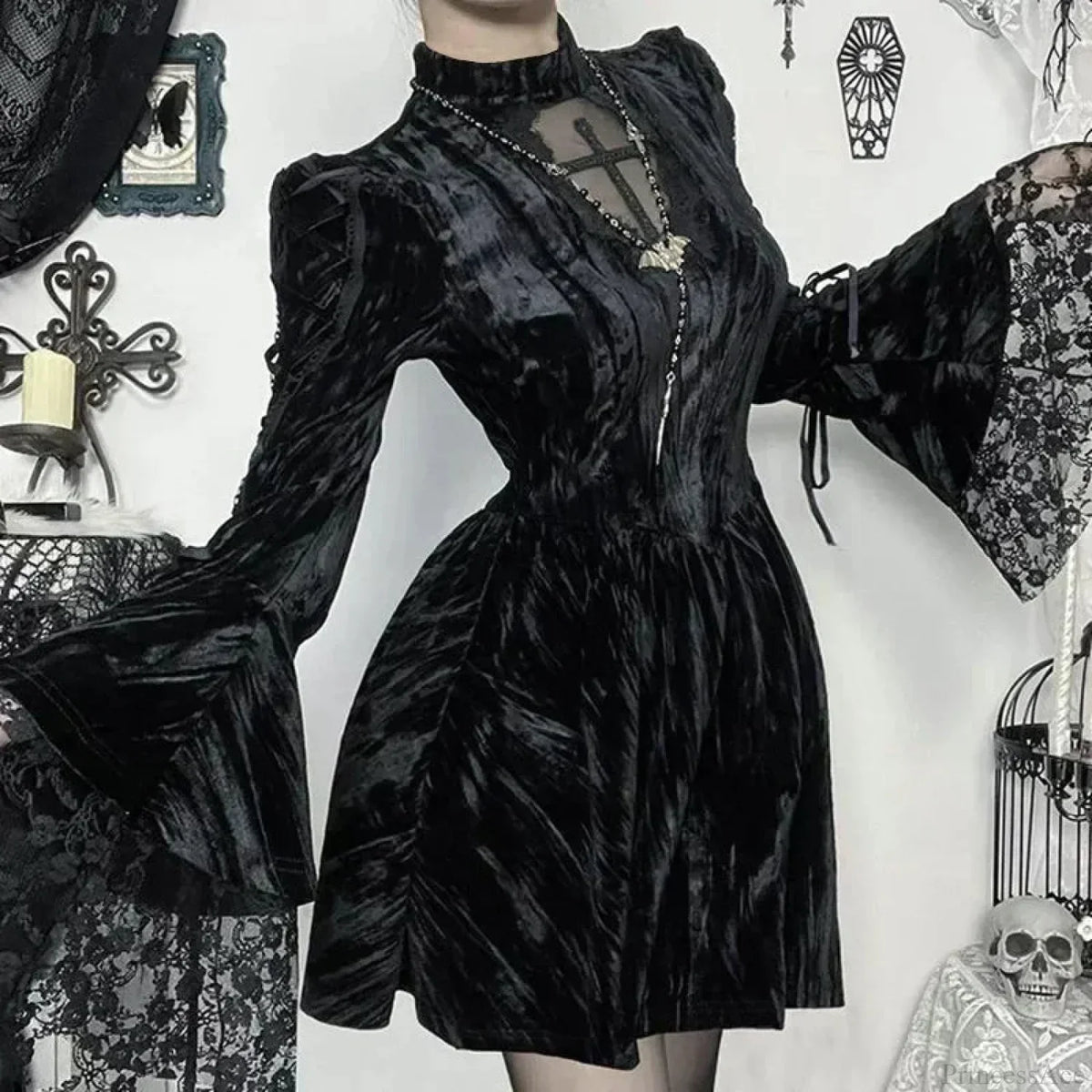 Velvet Mock Neck Mesh Cross Cut Out Bell Sleeve Lace Cuff Mini Dress