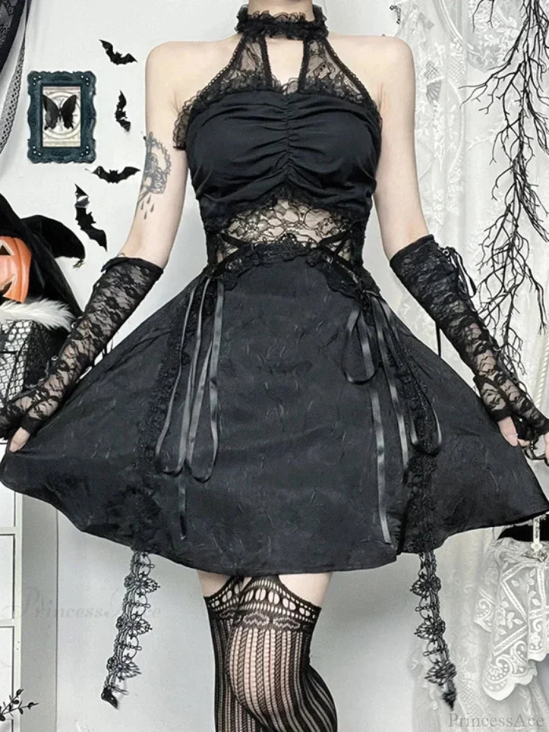 Lace Halter Criss Cross Ribbon Trim Flared Gothic Mini Dress