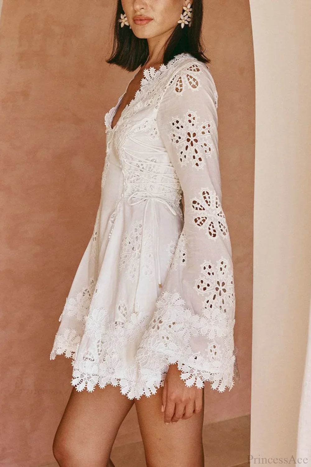 Eyelet Lace Long Sleeve Deep V-Neck Scalloped Hem Fit and Flare Mini Dress 2